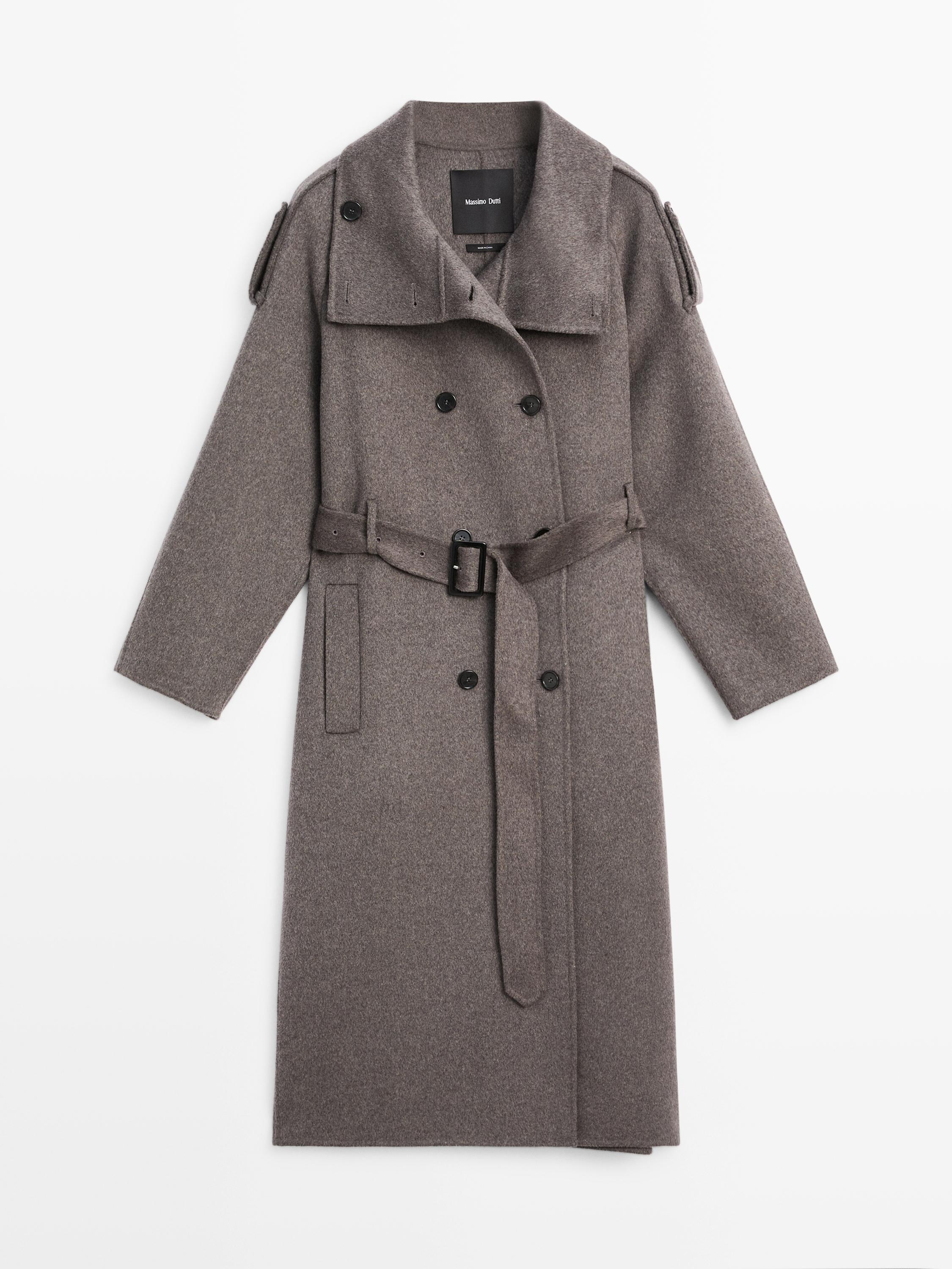 Long wool blend trench coat with belt